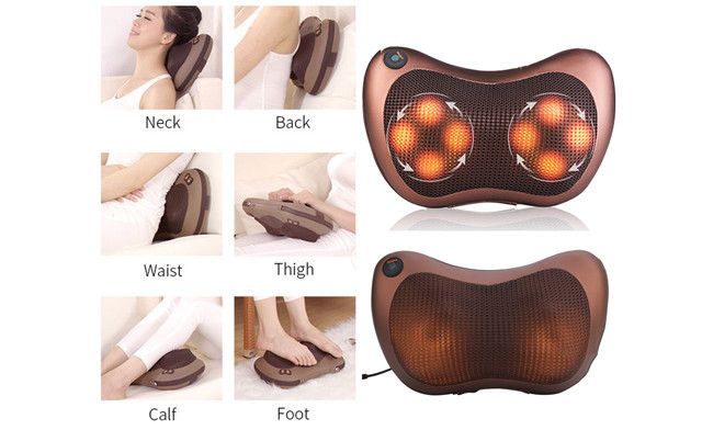 pillow massager Electronic Neck Cushion Full Body Massager with Heat for pain relief Massage Machine for Neck Back Shoulder Pillow Massager - Swiss Relaxation Therapy Adjustable Velcro Strap (Brown)