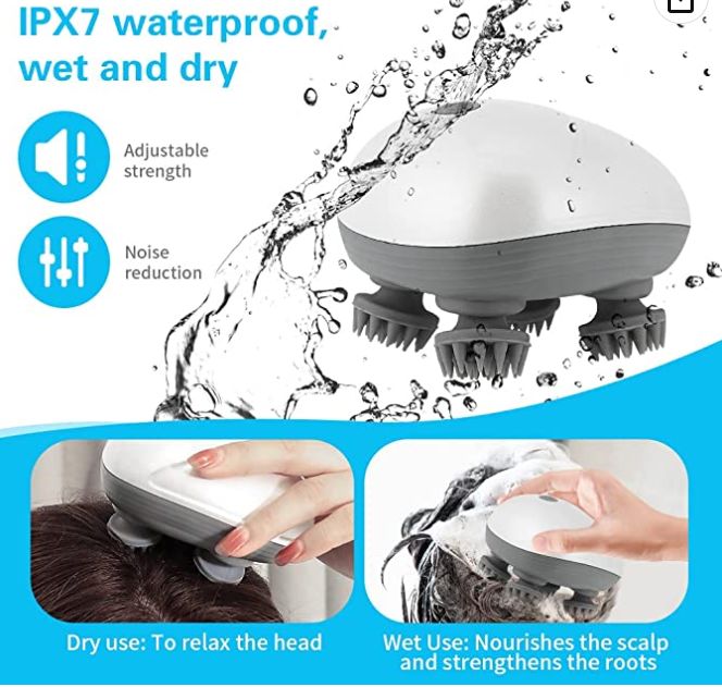 Electric Scalp Massager with 4 Rotating Heads | USB Rechargeable Waterproof Head & Body Massager | Hair Growth, Dandruff Removal, Stress Relief & Deep Tissue Massage